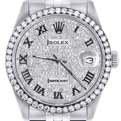 Diamond Rolex Datejust Watch 16200 | 36MM | Full Diamond Roman Dial | Stainless Steel | Jubilee Band